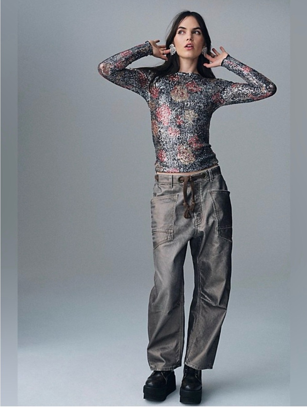 Free People We The Free Grey Metallic Moxie Low Slung Jeans